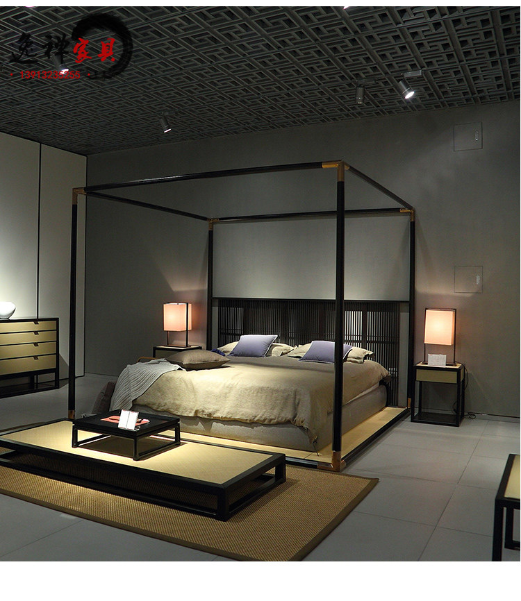 New Chinese style canopy bed modern antique homestay master bedroom ash wood wedding bed Zen villa solid wood double bed furniture