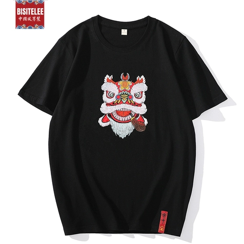 Хлопковая черная цветная трендовая футболка с коротким рукавом, китайский стиль, с вышивкой, оверсайз