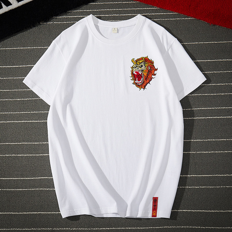 National Tide Men's Clothing Monkey Embroidery T-shirt Male Loose Large Size Size Fat Son Pure Cotton Half Sleeve Trend Short Sleeve T-Shirt Male Tide Summer