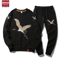 Crane embroidery mens Chinese style autumn and winter New velvet padded round neck sleeve national tide couple sweater suit