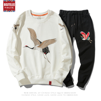 New leisure sports sweater set mens Chinese style crane embroidery jacket plus velvet thickened national tide couples