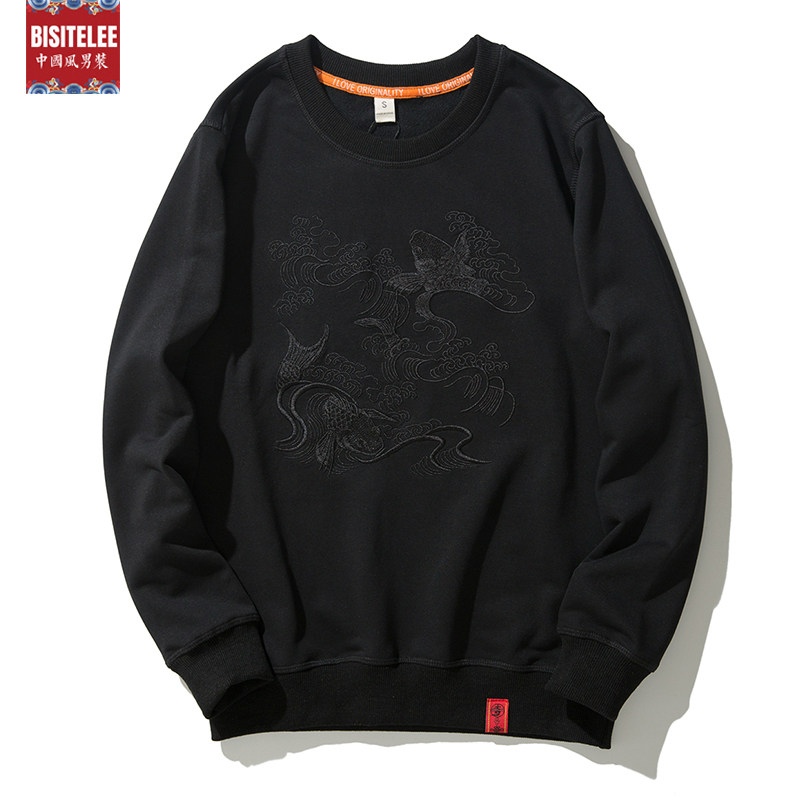 Round neck thick cotton T men embroidery 2020 spring and autumn new loose hooded pullover long sleeve youth national tide large size top