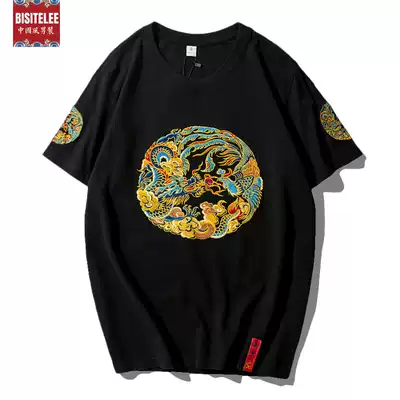 Pure cotton short-sleeved t-shirt men's 2021 new Chinese style dragon robe embroidery large size loose couple retro half-sleeved top
