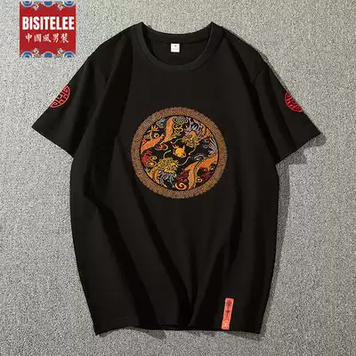 Embroidered short-sleeved t-shirt men's 2021 spring and summer new Chinese style embroidered dragon robe national tide loose cotton half-sleeved top