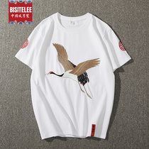 Summer China Wind Fairy Crane Embroidery Big Code Loose Couple White Compassionate Pure Cotton Black Half Sleeve Trend T Shirt Man
