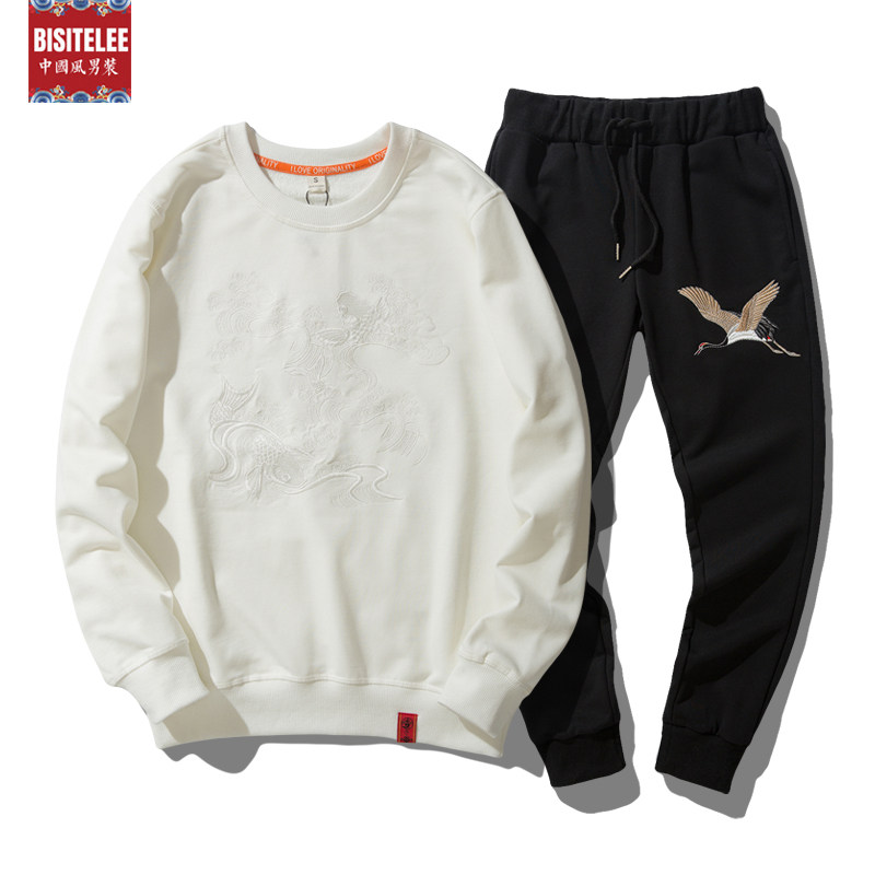 Sports and leisure men's suit 2020 new Chinese wind crane embroidery sweater national tide drawstring pants men's two-piece suit