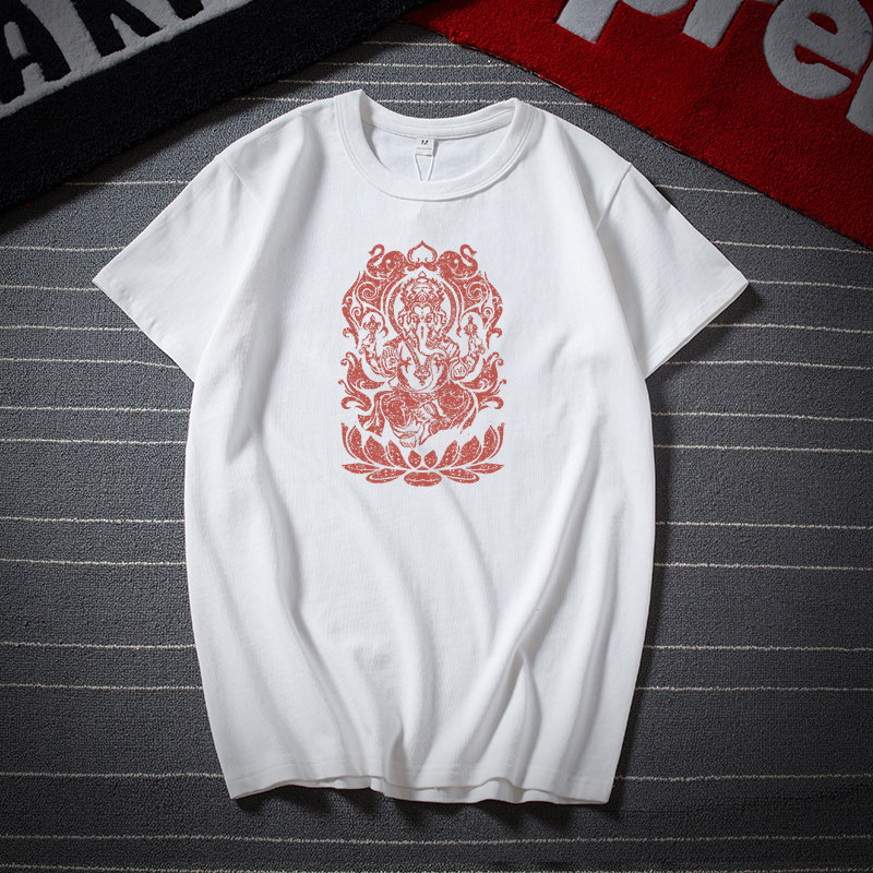 Retro printed tide 300g thick solid T-shirt heavy short sleeve T-shirt full cotton round collar men's dress big size fat sub man boomer card