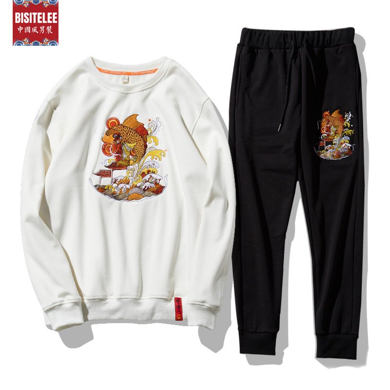 2018 new Chinese style leisure sports suit sweater men's national tide embroidery velvet smoke pipe pants round neck two-piece set