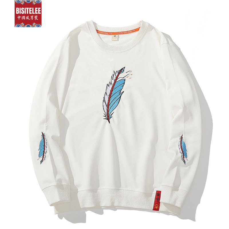 Large size code men's clothing fats plus fattening up feather embroidery long sleeves thick cotton T men's spring autumn season thin clothes jacket country tide