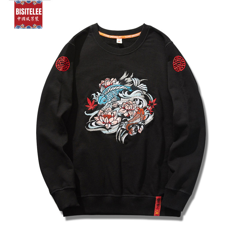 Autumn and winter round neck thick cotton T men embroidery large size loose plus velvet padded winter base shirt long sleeve T-shirt without hat