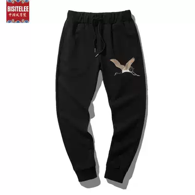 Come to Taobao search to find more good things Chinese style crane embroidery plus velvet pants national tide big size pants