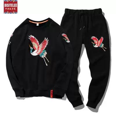 New crane embroidery national tide Chinese style men's suit plus velvet loose round neck pullover thick cotton T national tide two-piece suit