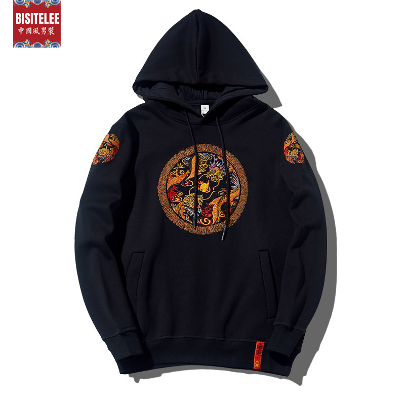 Velvet thickened hooded sweatshirt men embroidery 2021 new national tide national wind dragon robe long-sleeved pullover loose clothes