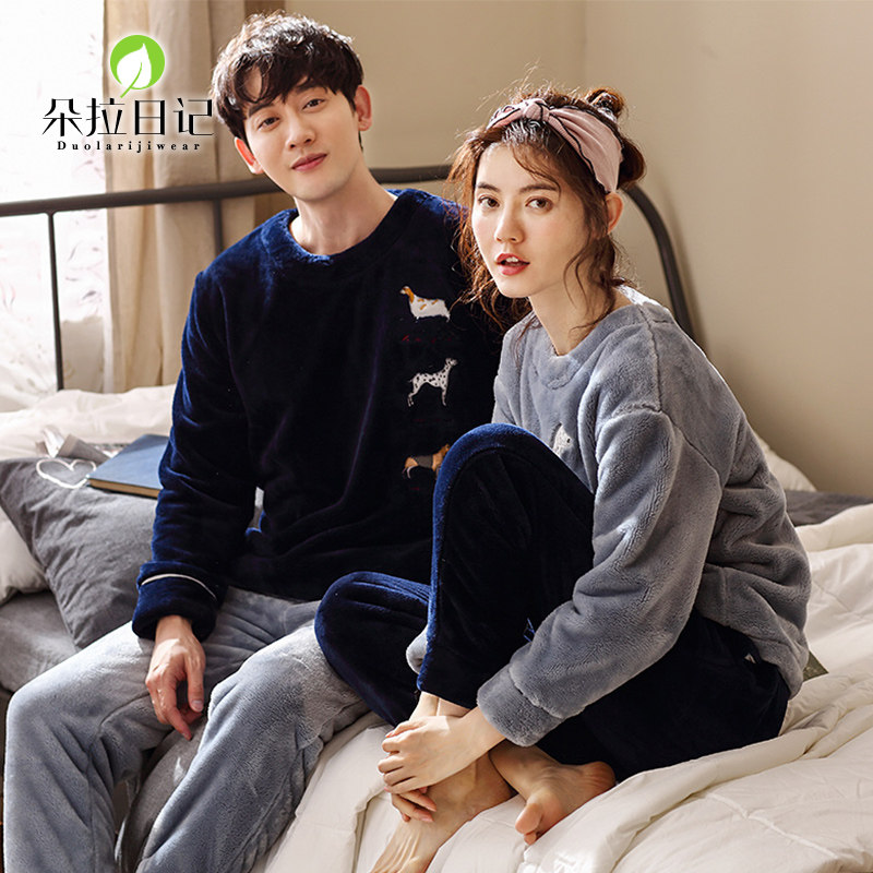 Winter coral fleece couple pajamas women's thickened Korean version cute pullover men's plus velvet flannel homewear suit