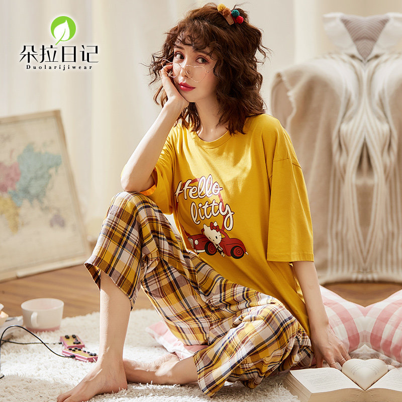 Pure cotton pajamas summer students short sleeve trousers suit Korean version of the grid fresh can go out casual summer home clothes