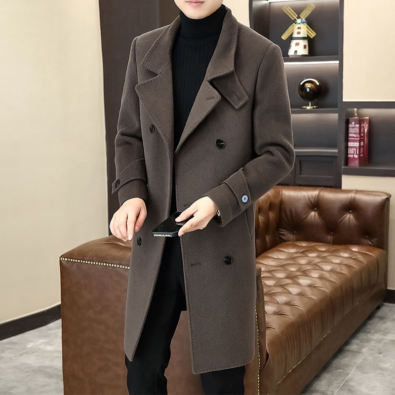 Woolen Coat for Men, Autumn and Winter, Korean Style, Slim Fit, Mid-Length Woolen Trench Coat, High-End Fashion, Double-Breasted Jacket