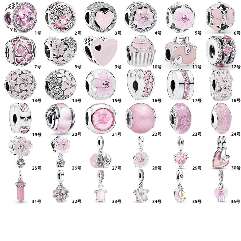 Bracelet with Pink Magnolia Flower Charms, Butterfly Beads, Heart-Shaped Beads, Loose Beads, and Fashionable Pendants