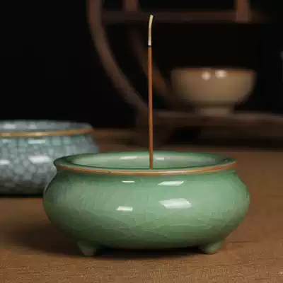 Longquan Celadon three-legged stove Incense burner Buddha line incense burner Antique binaural incense insert Ceramic incense burner Room tea ceremony