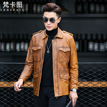 New trendy genuine leather fur coat mens medium long locomotive retro sheep Pippi jacket hunting leather windcoat jacket
