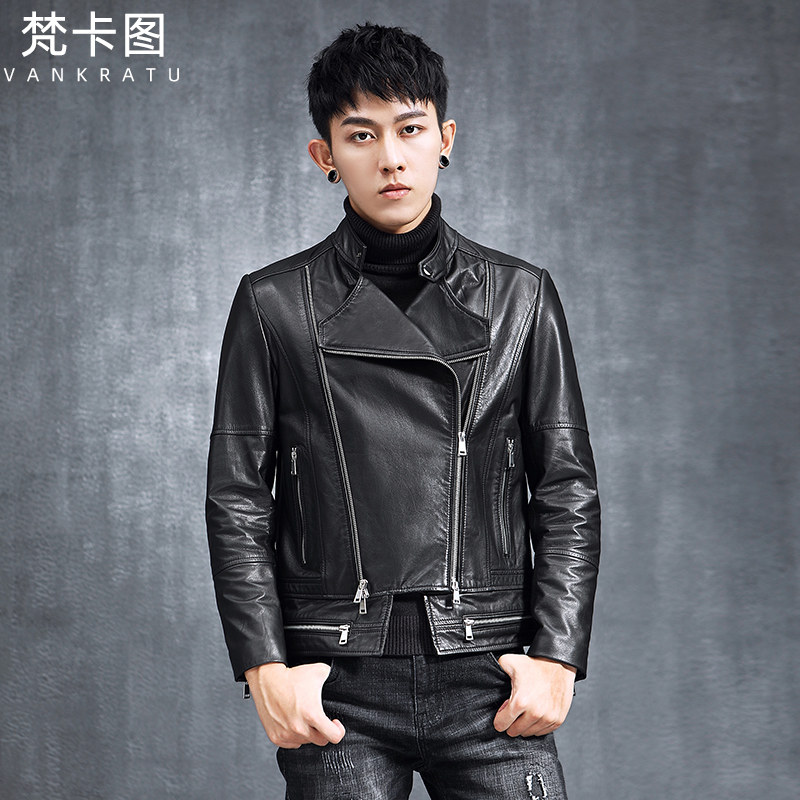 Leather men's leather top layer fetal cowhide Korean version handsome motorcycle jacket multi-zipper short slim popular logo coat