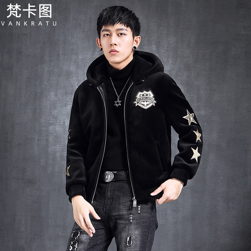 Sheep shearing jacket men's short hooded embroidered fur one Haining leather leather jacket lamb wool jacket fur tide