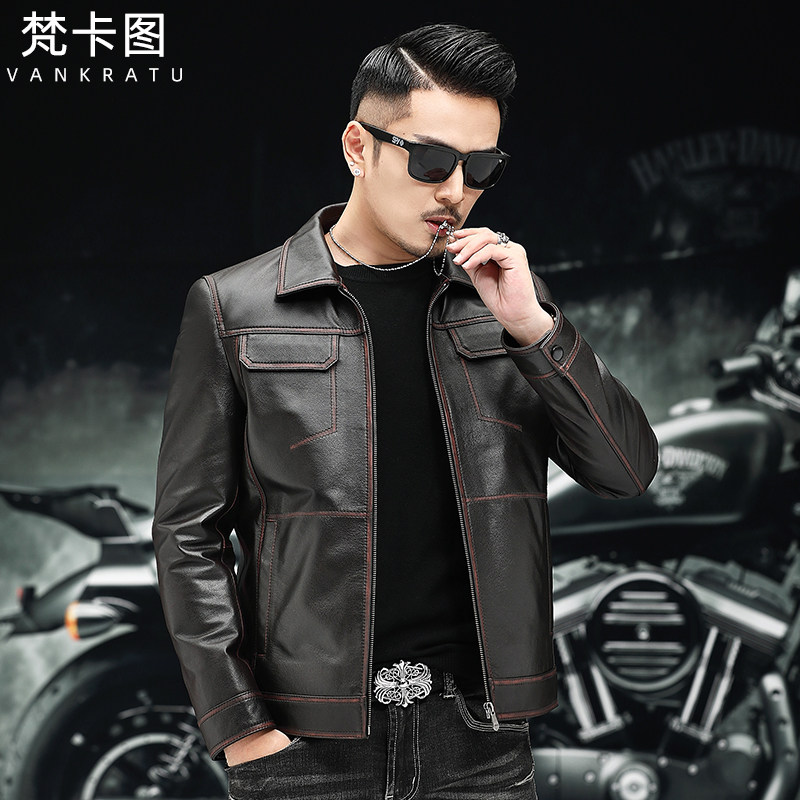 Cowhide leather jacket male leather jacket short lapel retro do old youth motorcycle clothing leather jacket thin coat trend