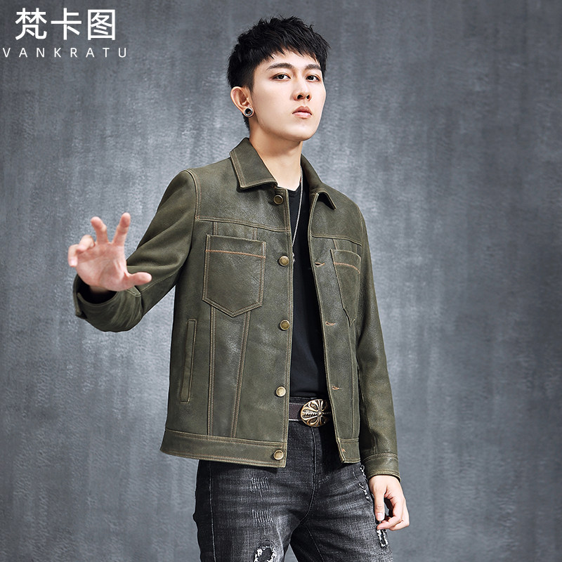 Broken Yard clear cabin suede leather jacket Male Sheep leather Short Locomotive Clothes Genuine Leather Leather Clothing Retro Trend Jacket Tailstock