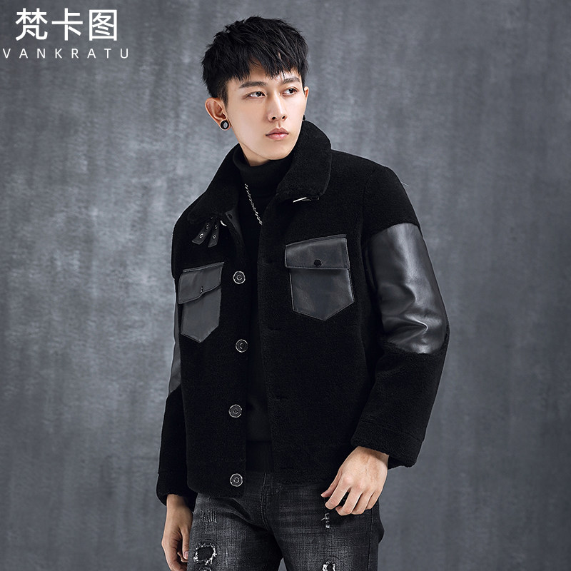 Fur integrated male sheen cut suede Leather Leather Clothing Sheep Leather Jacket Short Henning Leather Grass Lamb Suede Jacket