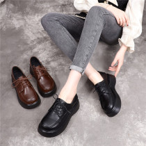 British style loafers womens 2022 spring and autumn new leather sponge cake thick bottom all-match single shoes lace-up casual small leather shoes