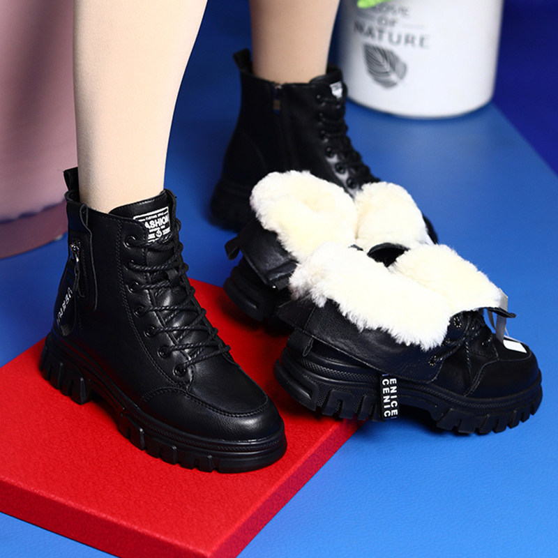 Leather wool snow boots women's 2022 new British style thick bottom showing feet small side zipper winter plus velvet short boots