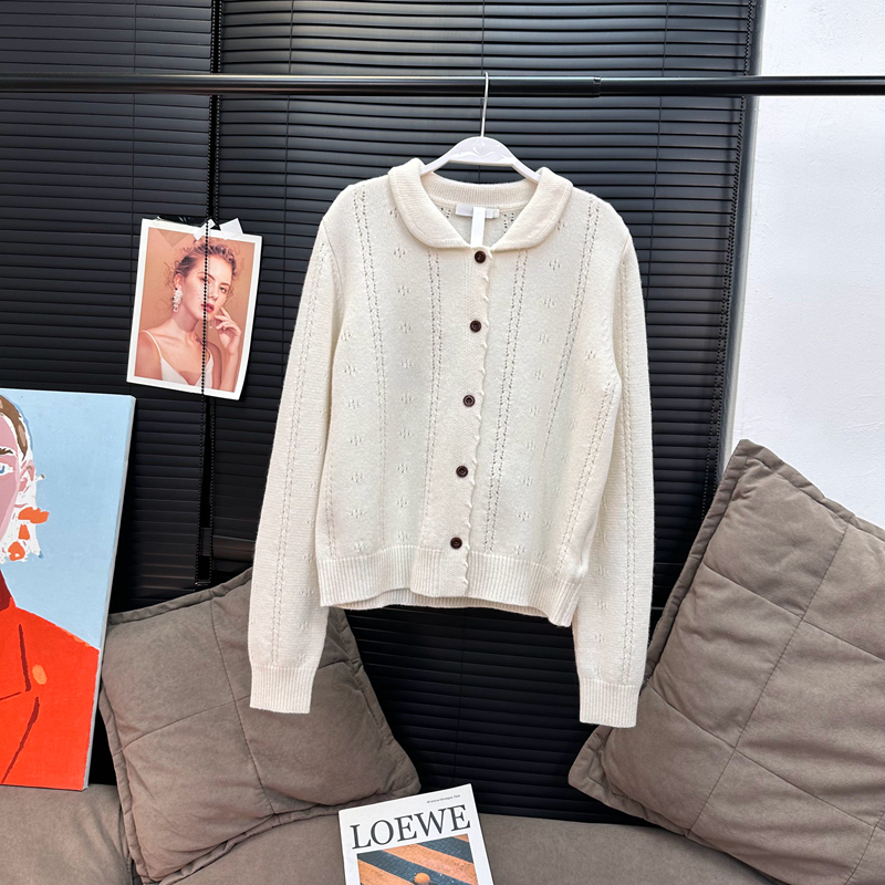 In-Stock Peter Pan Lace Collar Hollow-Out Wool Knit Cardigan 2025 Winter Knit Base Top