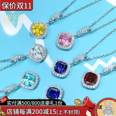 Luxury square necklace female 925 sterling silver European and American temperament imitation diamond powder Ruby sea blue crystal yellow diamond color gemstone