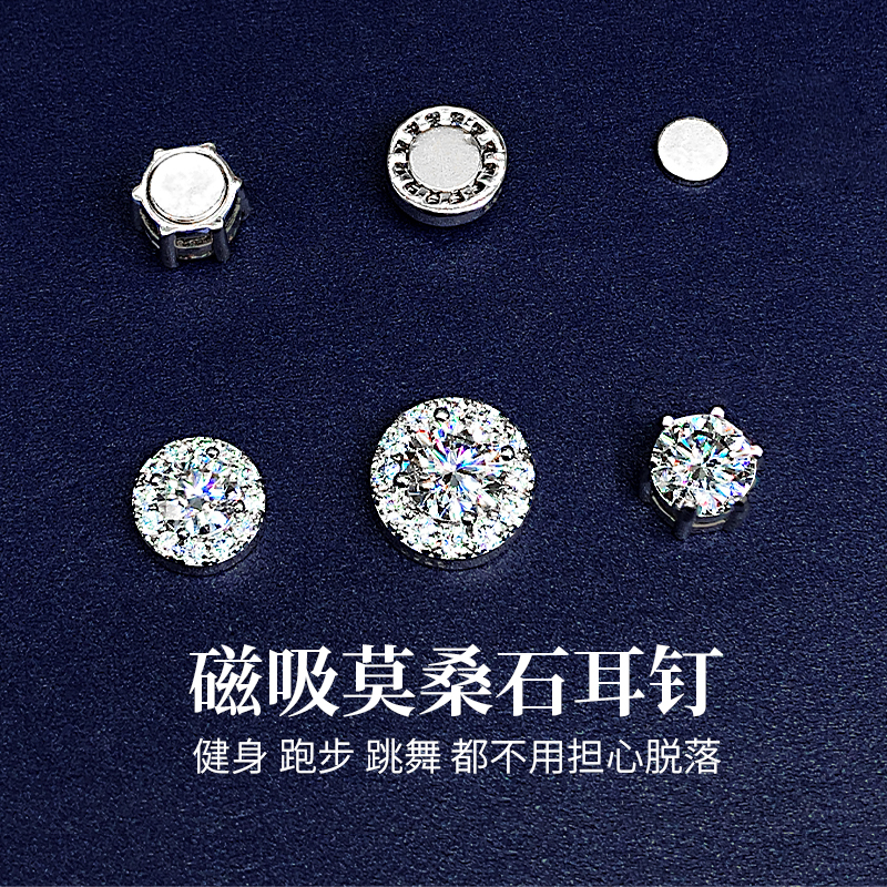 Super Shiny Moissanite Magnetic Clip-On Earrings, No Piercing Needed, Ear Cuff, Silver Platinum-Plated, Unisex Imitation Diamond Cochlear Earrings