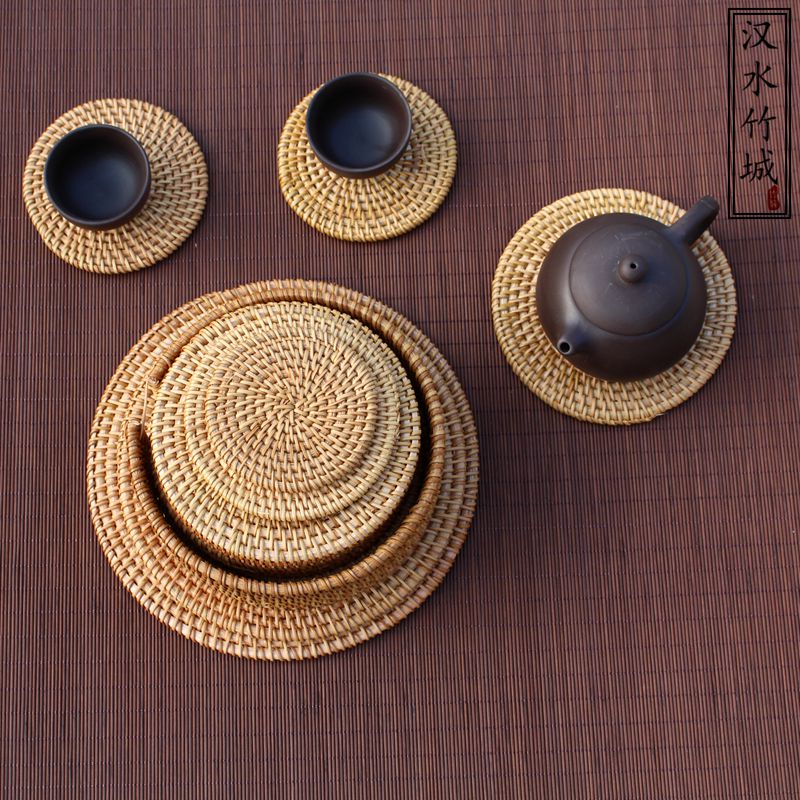 Manual Rattan teapot Teapot Cushion Cups Cushion woven Tea Road Creative Dining Mat Table Cushion Bowls Cushion Plate Cushion Heat Insulation Mat 