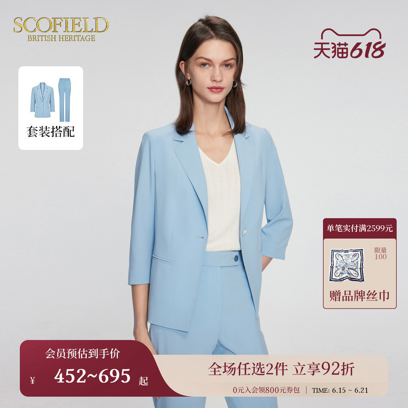 Scofield Women's One-Button Smart Blazer with Three-Quarter Sleeves, Blue Commuter Jacket, Summer Blazer