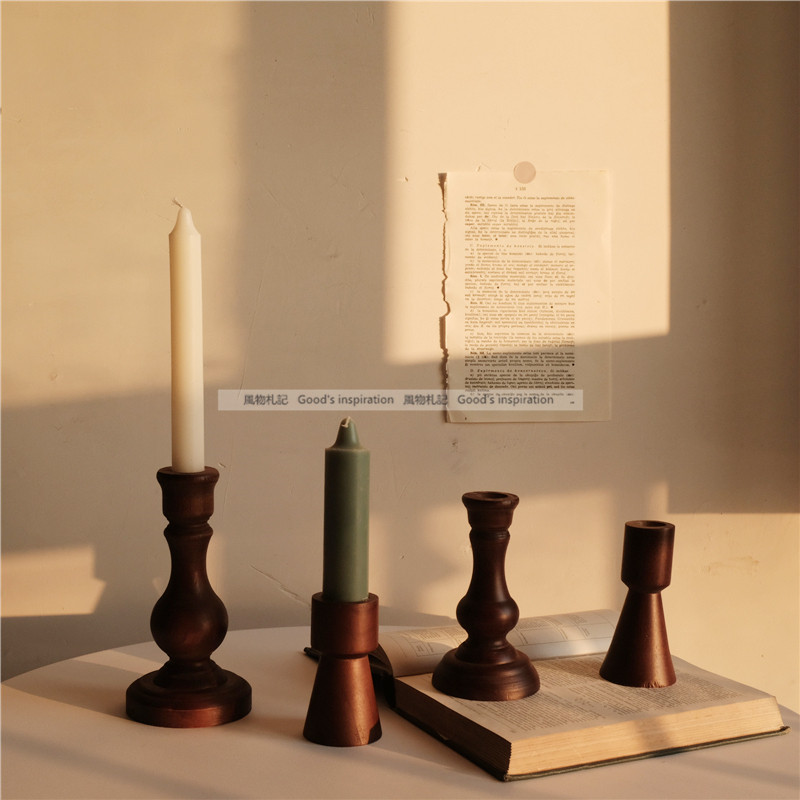 Korean style brown retro old wooden candlestick Home furnishings Bed and breakfast cafe studio display photo props
