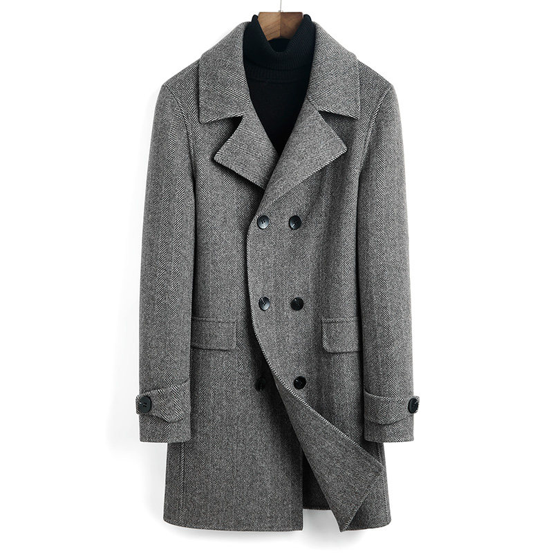 Winter double-sided wool coat for men with long style herringbone tattoox double-row buttoned without cashmere coat-Taobao