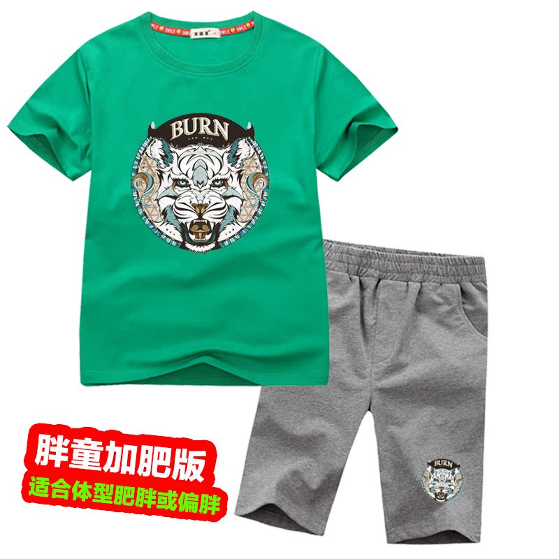 Fat Boy Set New 2020 Summer Big Kids Hai mảnh Thêm Fat Thêm ngắn tay áo thun quần short 12-15 tuổi.