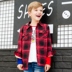Moomoo trẻ em mặc áo sơ mi nam trẻ em cộng với áo nhung trong áo sơ mi dài tay kẻ sọc flannel trẻ em áo sơ mi trẻ em nữ đẹp Áo sơ mi