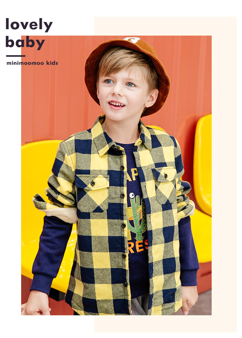 Moomoo trẻ em mặc áo sơ mi nam trẻ em cộng với áo nhung trong áo sơ mi dài tay kẻ sọc flannel trẻ em áo sơ mi trẻ em nữ đẹp
