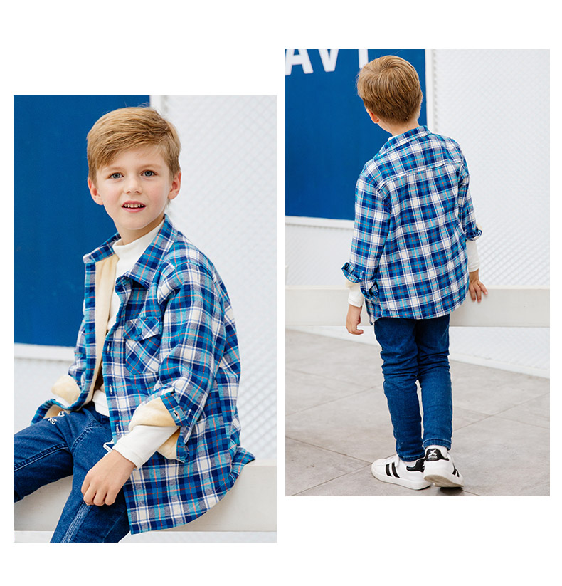 Moomoo trẻ em mặc áo sơ mi nam trẻ em cộng với áo nhung trong áo sơ mi dài tay kẻ sọc flannel trẻ em áo sơ mi trẻ em nữ đẹp