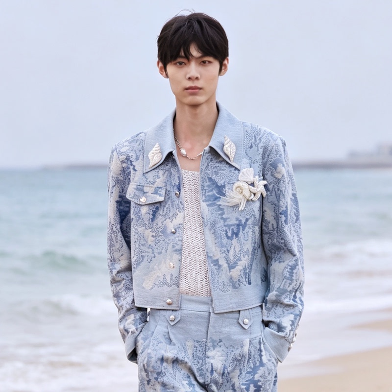 Salt Island Heavy Industry Sequin Embroidery Retro Fashionable Short Denim Jacket Valley Boy Designer Men's Wear Brand