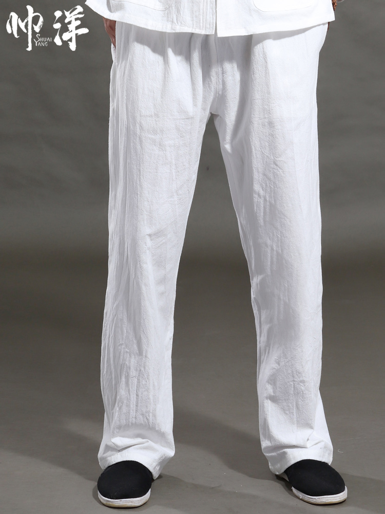New cotton men's Tang trousers Chinese style men's loose casual pants middle-aged white costume men's pants