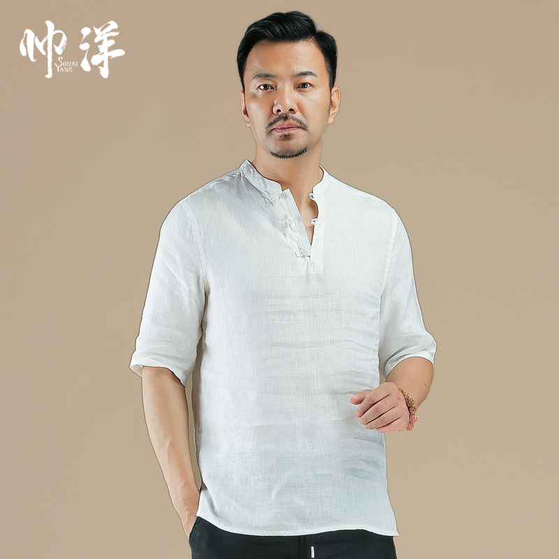 100vải lanh ngắn tay Trung Quốc gió nam mùa hè váy Tang đĩa cổ điển khóa tay áo T-shirt kích thước lớn thanh niên áo khoác