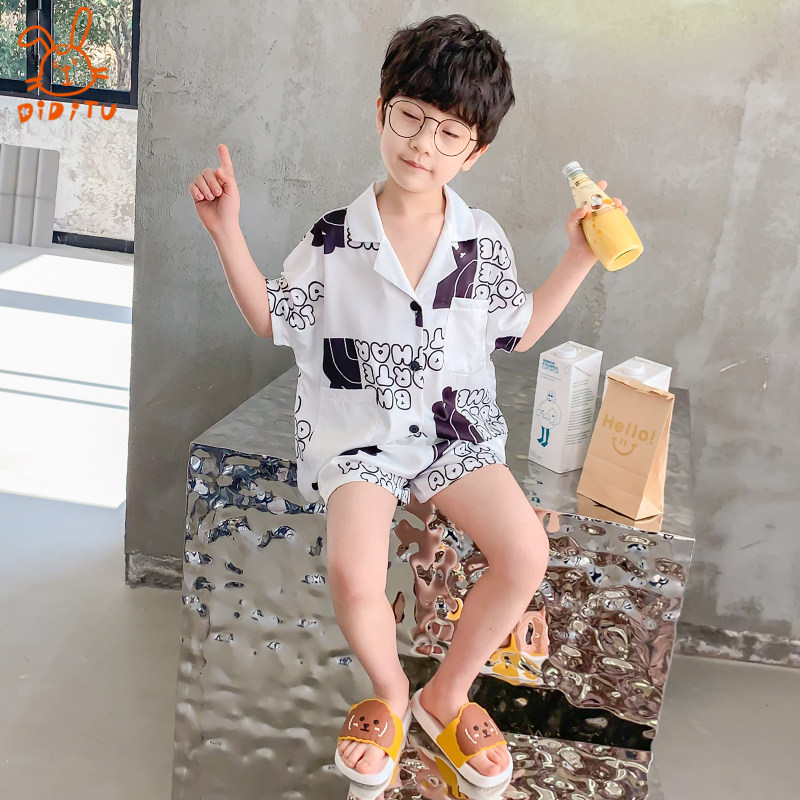 Child Sleepwear Boy Summer Ice Silk Short Sleeve Baby Boy Boy Home Conserved Replica Real Silk Air Conditioning Suit Suit