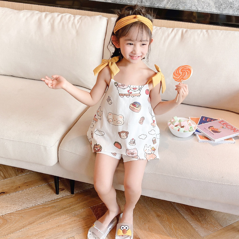 Girls Summer Cotton Children's Pajamas Sling Set Princess Style Little Girl Middle Children Home Clothes Set Thin
