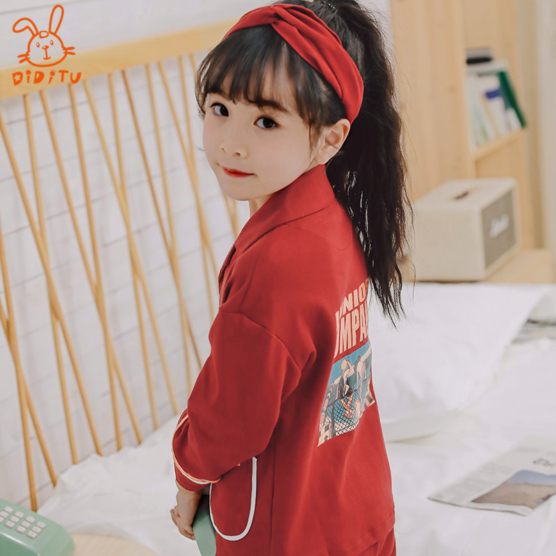 Spring and autumn girls pajamas long sleeve cotton red suit baby baby princess children's home clothes two pieces