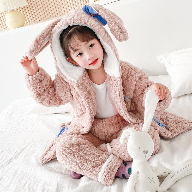 Girls' pajamas with three-layer cotton-padded winter warm coral velvet flannel nightgown cute baby home clothes