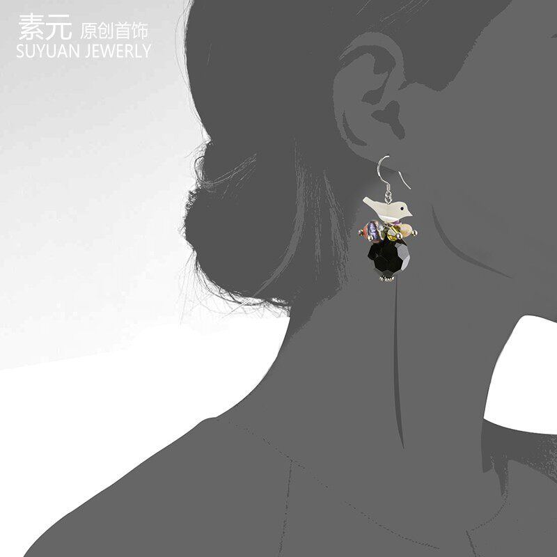 Серьги 素元紫水晶夸张耳环纯银韩版精致时尚ol水晶小鸟耳饰民族手工礼品 Su Yuan original jewelry