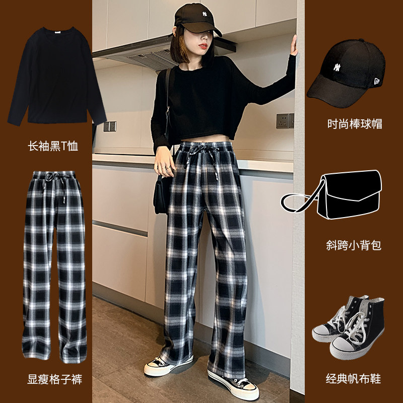 Black and white lattice pants children Spring and Autumn new high-waisted loose straight slacks autumn and winter velvet wide leg trousers